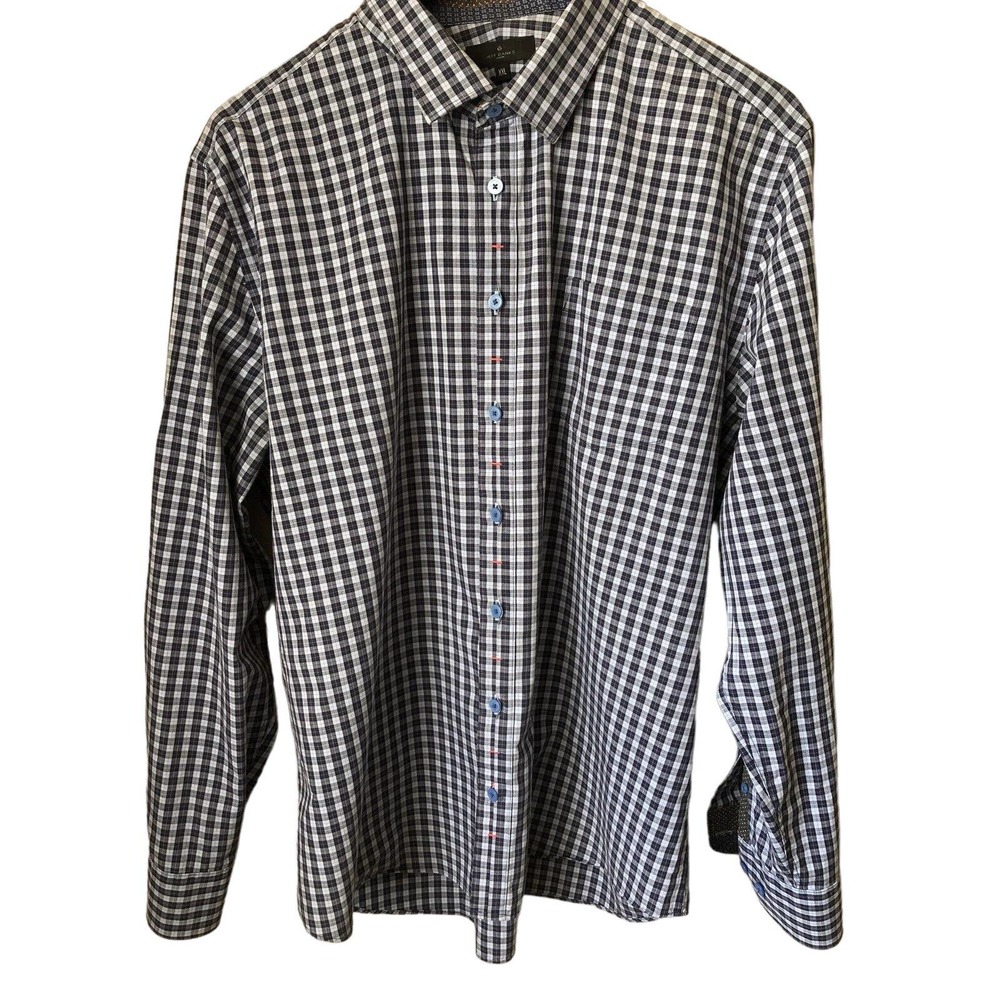 🌵 Jeff Banks Mens Blue Plaid Long-Sleeve Reverse Cuff Button-Down Shirt  - XXL